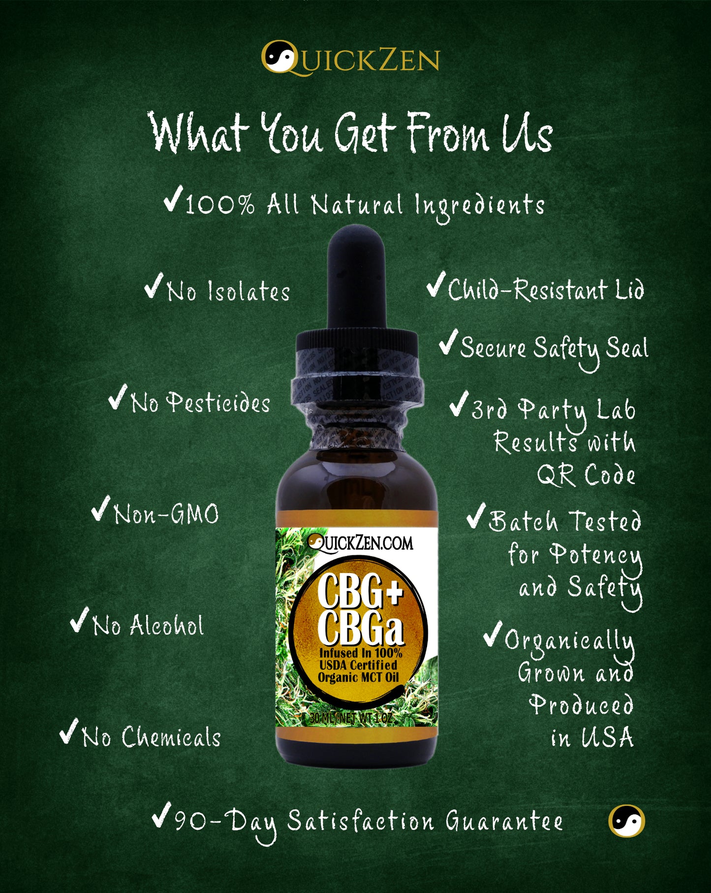 
                  
                    Green chalkboard with lavender scented CBG plus CBGa oil product details. All natural, no isolates, child resistant cap.
                  
                
