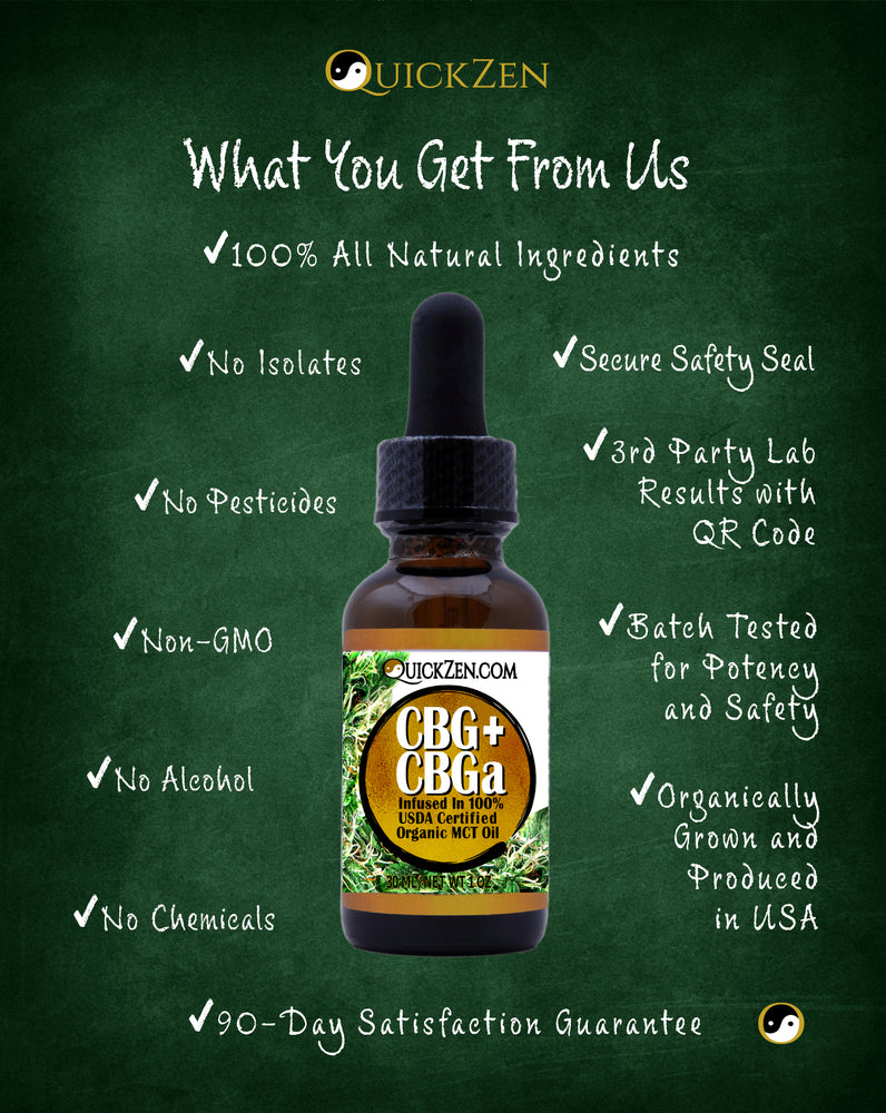 
                  
                    Green chalkboard with ylang ylang scented CBG plus CBGa oil product details. All natural, no isolates, non GMO, safety seal.
                  
                