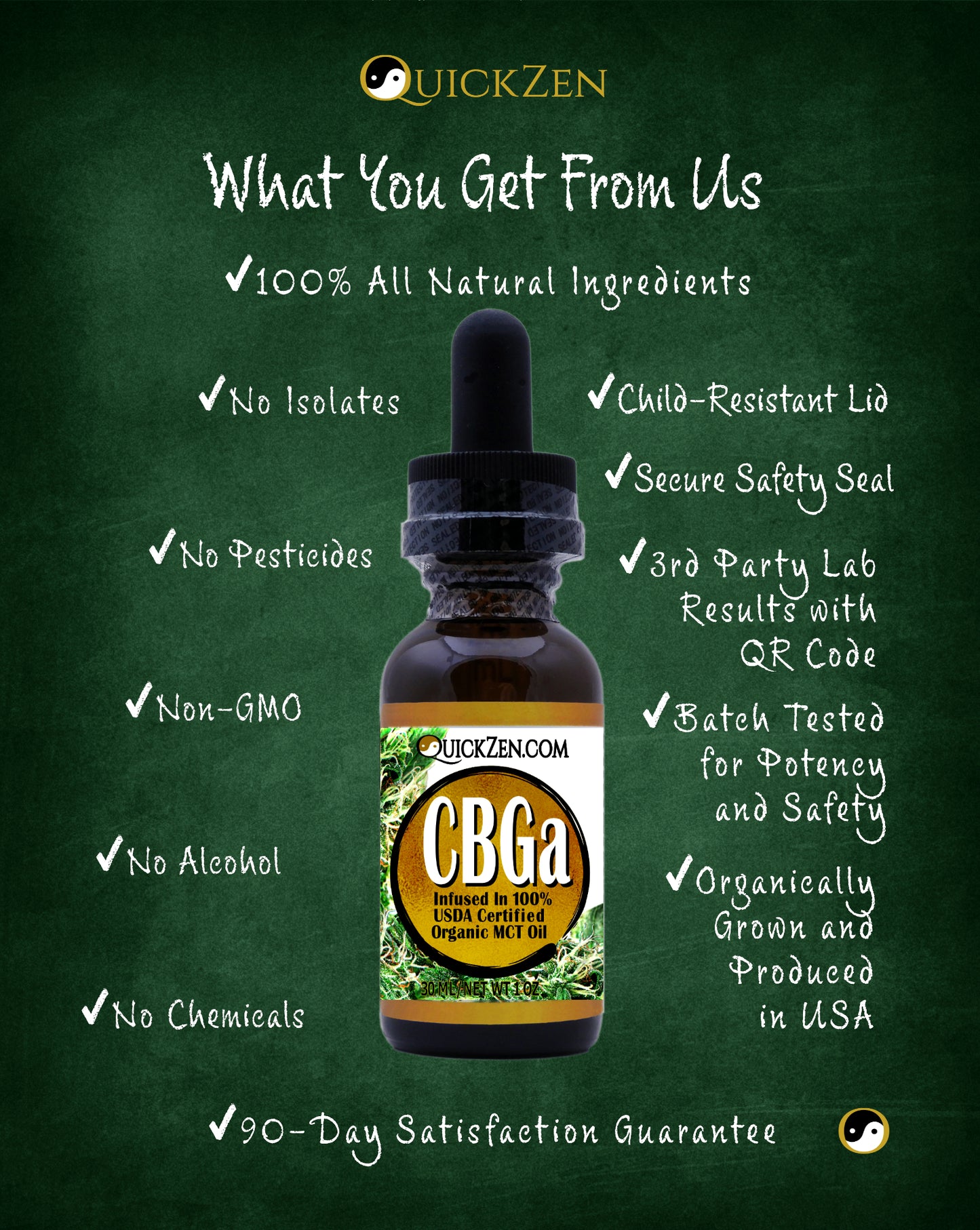 
                  
                    Green chalkboard with bergamot scented CBGa oil product details. All natural ingredients, child resistant cap.
                  
                