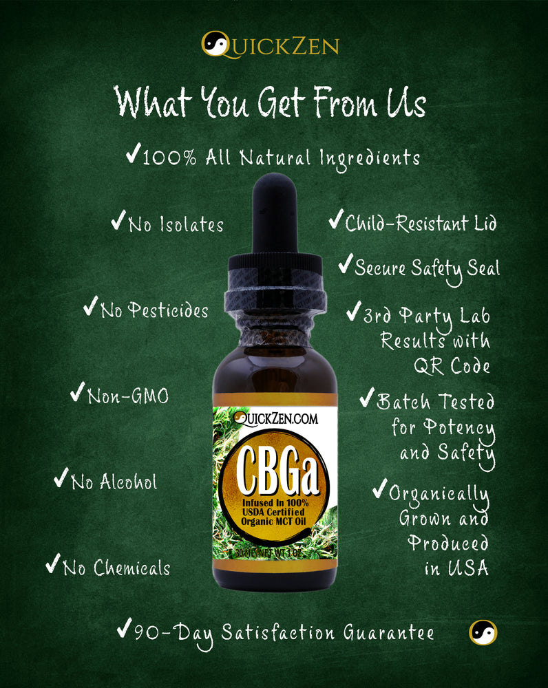 
                  
                    Green chalkboard with lavender scented CBGa oil product details. All natural ingredients, child resistant cap.
                  
                