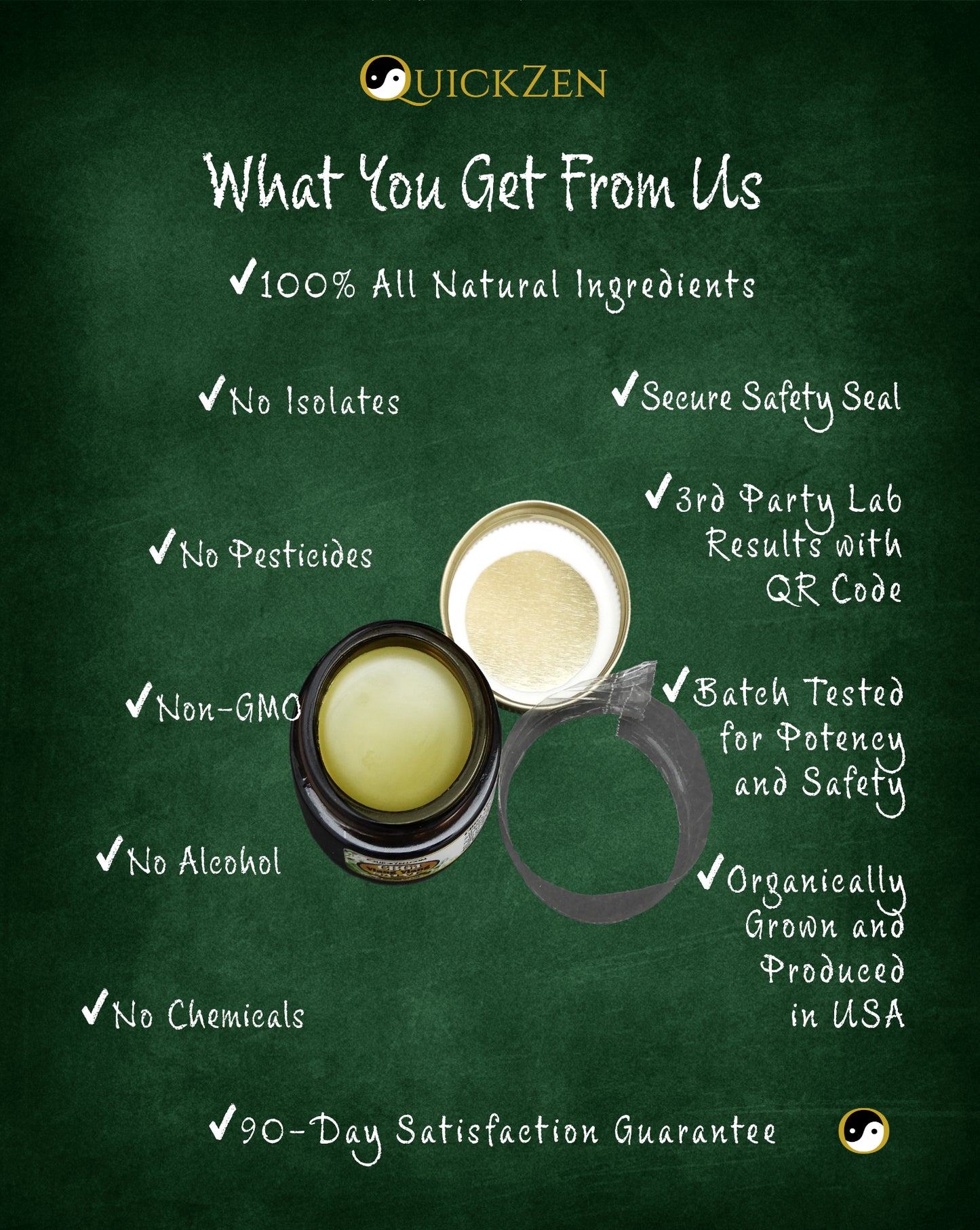 
                  
                    Green chalkboard with juniper scented CBGa salve product details. All natural ingredients, no isolates, secure safety seal.
                  
                