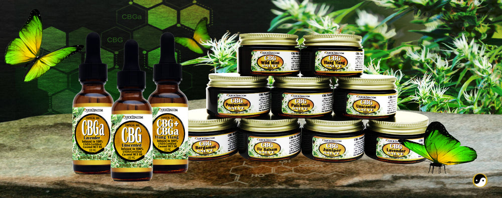 CBG and CBGa topical oils and salves displayed on a rock, with green and yellow butterflies and a hemp plant in the background. QuickZen home page desktop banner.