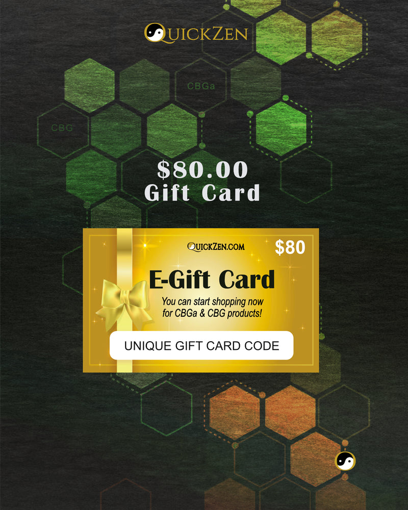 Eighty dollar QuickZen electronic gift card. Golden shopping card with a gold ribbon. The background has green, bronze and gold molecule icons.