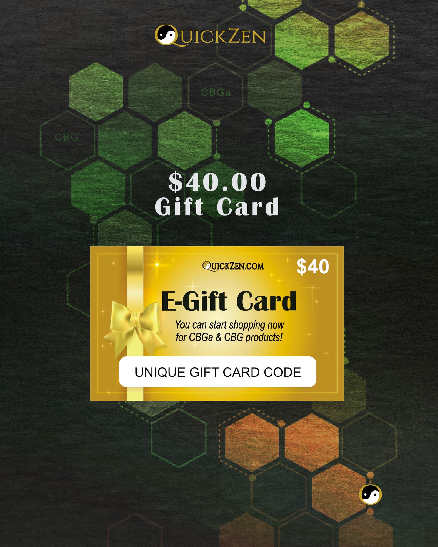 Forty dollar QuickZen electronic gift card. Golden shopping card with a gold ribbon. The background has green, bronze and gold molecule icons.