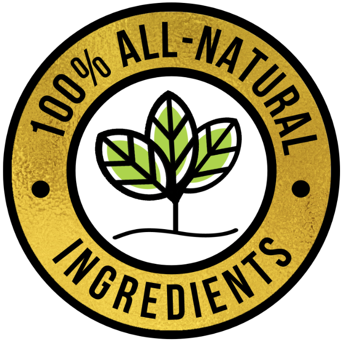 One hundred percent all natural ingredients. Golden circle icon with a young plant growing in the center.