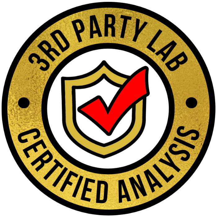 Third party laboratory tested, with certified analysis on all products. Golden icon with a red check mark inside a gold shield.