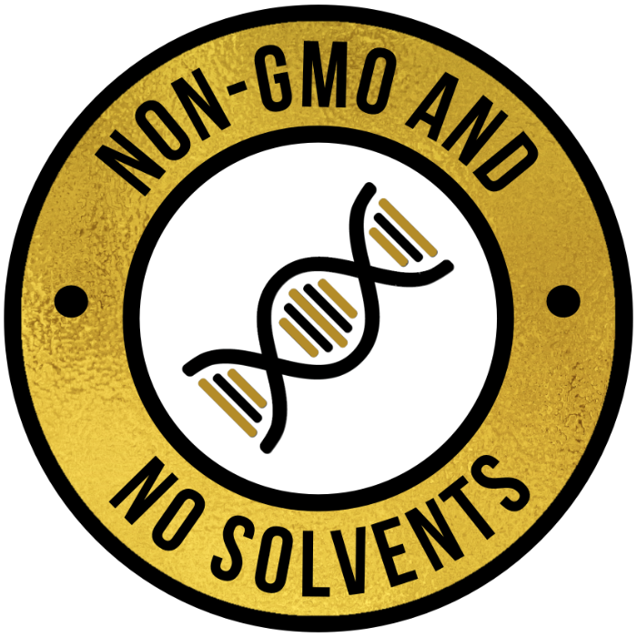 No solvents and no genetically modified organisms. Golden circle with a DNA icon in the center.