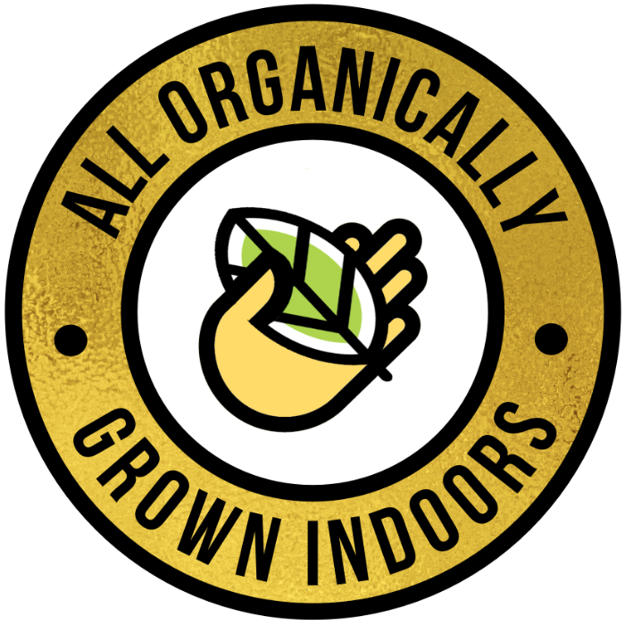 All hemp flower is organically grown indoors. Golden circle icon with a hand holding a leaf in the center.