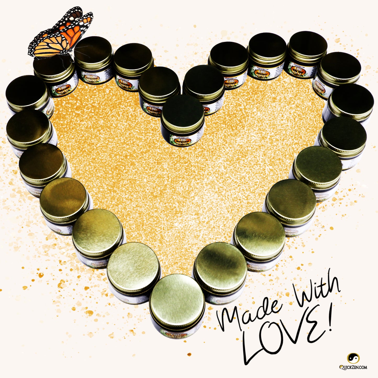 A heart shaped display of salve jars, on gold glitter. A monarch butterfly on one jar. Made with love, signed at the lower right corner.