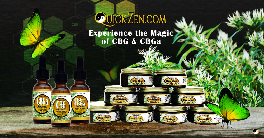 QuickZen Social Sharing, Experience the Magic of CBG and CBGa Salves and Oils. Displayed on a large rock with green and yellow butterflies, and hemp flower in the background.