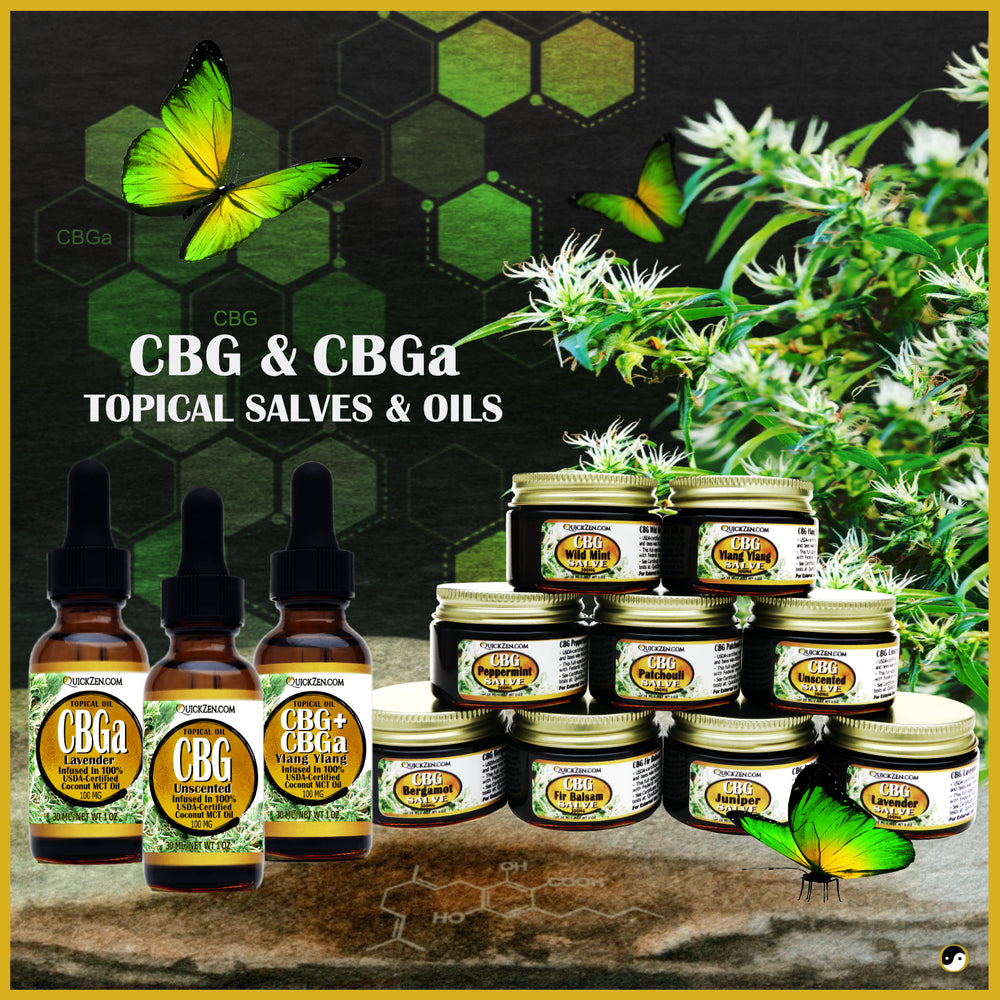 Mobile CBG and CBGa topical oils and salves displayed on a rock, with green and yellow butterflies and a hemp plant in the background.