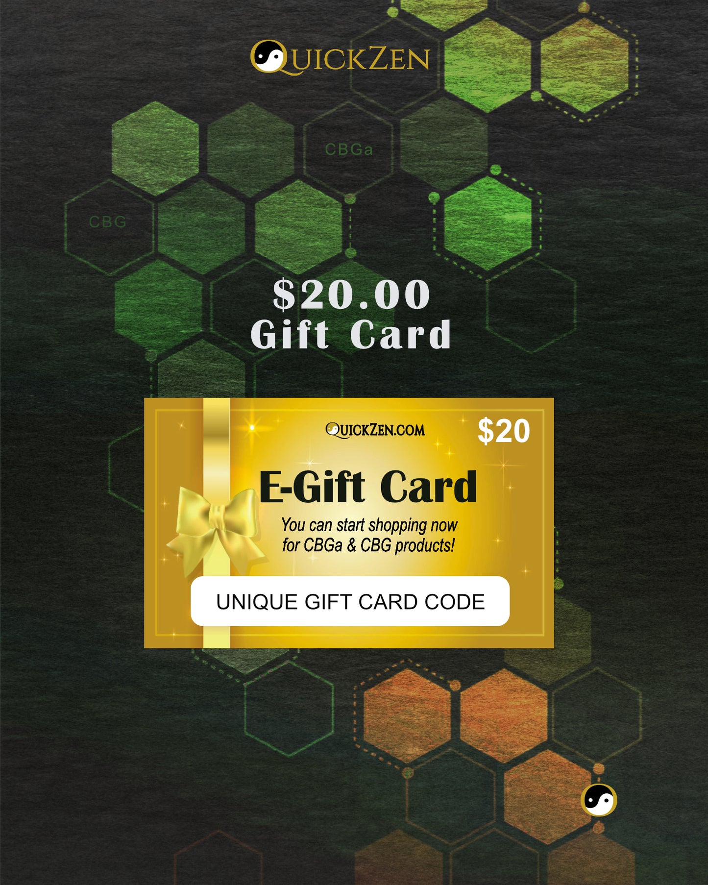 Twenty dollar QuickZen electronic gift card. Golden shopping card with a gold ribbon. The background has green, bronze and gold molecule icons.