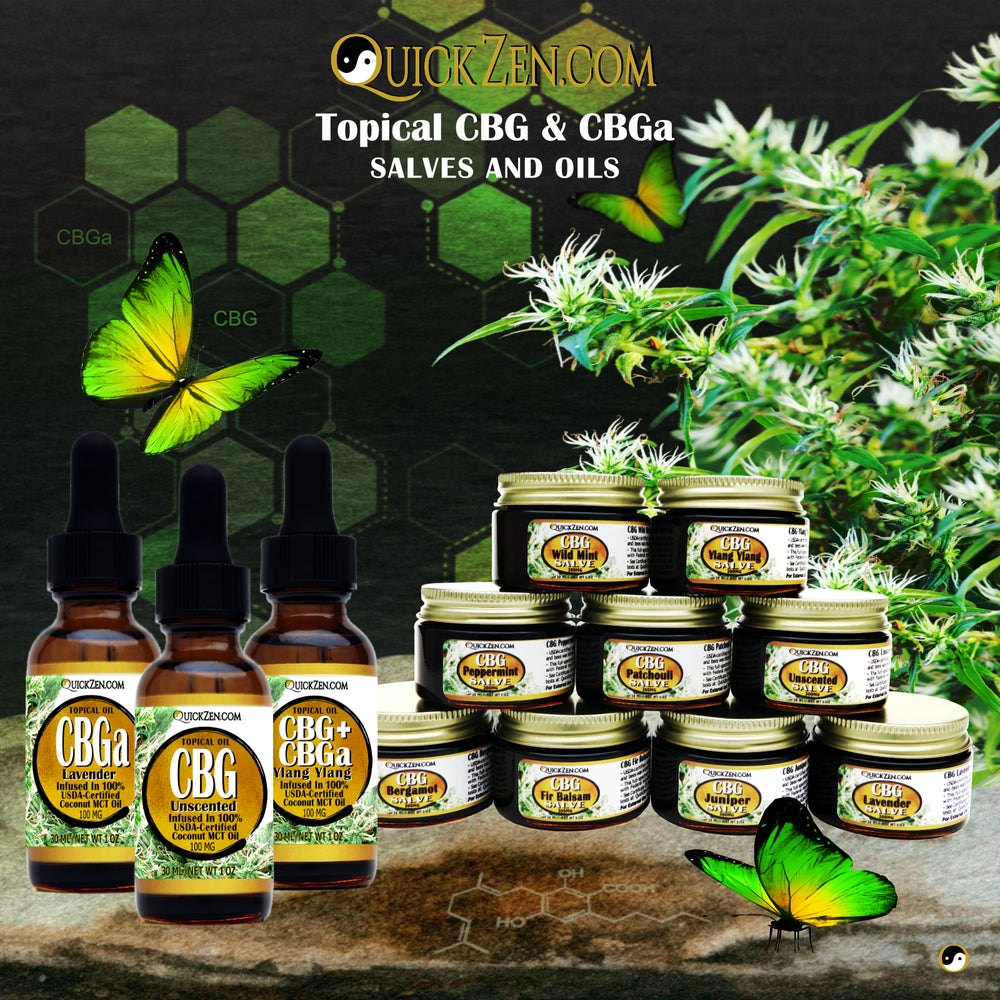 Why we grow only CBG? Oils and salves displayed on a large rock. Green and yellow butterflies. Hemp plant and molecule icons in the background.
